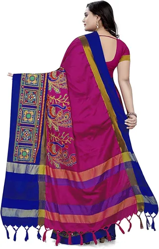 Vista 3 de Indian Hawker Sari de seda de algodón para mujer, bordado de sari de trabajo, estilo moderno, con blusa sin costuras