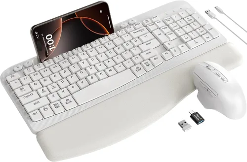 Vista 10 de SABLUTE - Combo de teclado y mouse inalámbricos ergonómicos con llave Wave Leather Soft Palm Rest, Rechargeable, 4-Level DPI, Phone Holder