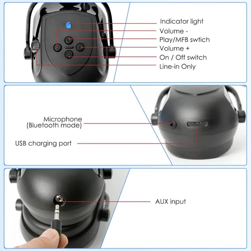 Vista 5 de Aolamegs Orejeras con Bluetooth para casco duro, NRR de 26 db, con cancelación de ruido, orejeras para llamadas, música, protección auditiva