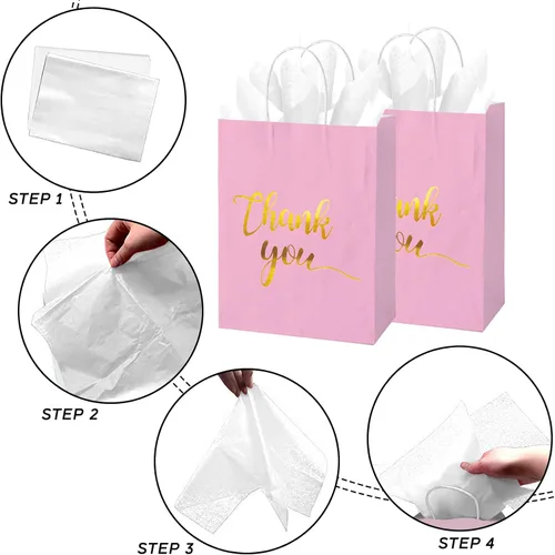 Vista 2 de 30 bolsas de regalo de agradecimiento con papel de seda dorado con asas para bodas, cumpleaños, negocios, compras, baby showers, recuerdos de Rosado