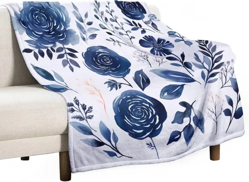 Vista 10 de Manta de flores de acuarela azul marino, bohemias, manta de acuarela floral con coronas de rosas y hojas de peonías, lujosa, cálida y acogedora