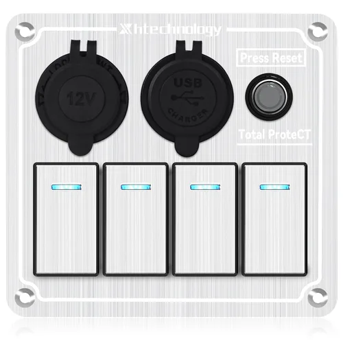 Vista 22 de Panel de interruptores de barco marino de 5 posiciones con cargador USB dual y voltímetro, panel de interruptores basculantes de aluminio