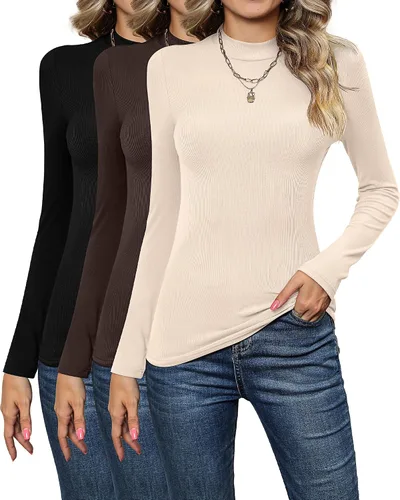 Vista 2 de Xaatren Paquete de 3 camisas de cuello alto falso para mujer, manga larga, ajustadas, elásticas, básicas, ligeras, bustier