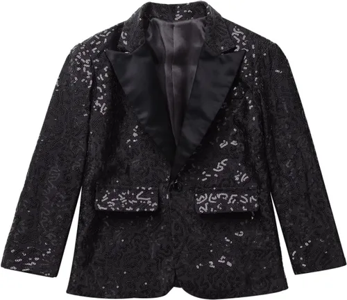 Vista 3 de Kids Boys Shiny Sequins Suit Jacket Wedding Pageant Formal Tuxedo Long Sleeve Coat Party Dance Costumes Negro