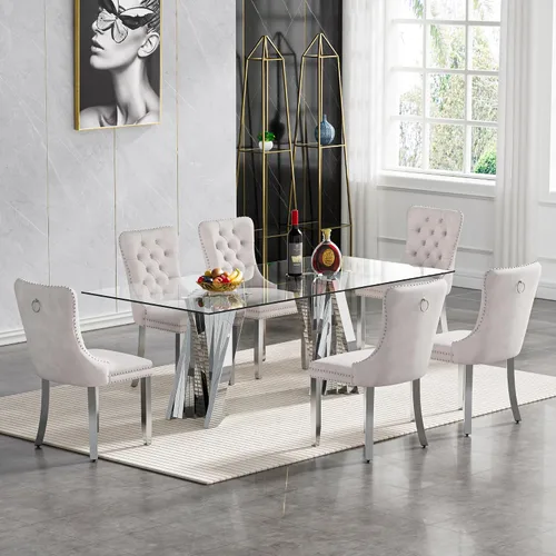 Vista 40 de Juego de mesa de comedor de cristal dorado moderno de 70 pulgadas para 4, juego de mesa rectangular de comedor de cocina de 5 piezas con base