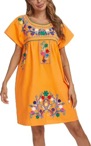 Vista 6 de YZXDORWJ - Vestido mexicano bordado de manga corta para mujer