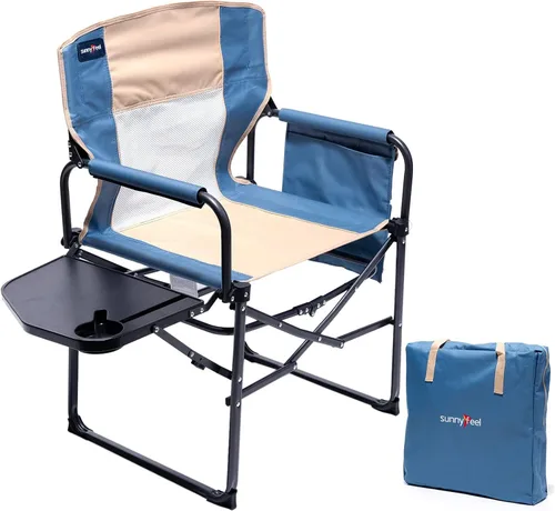 Vista 12 de SUNNYFEEL Silla de Directores de Camping, Silla Plegable Portátil de Gran Tamaño con Mesa Lateral, Bolsillo para Playa, Pesca, Viaje, Picnic