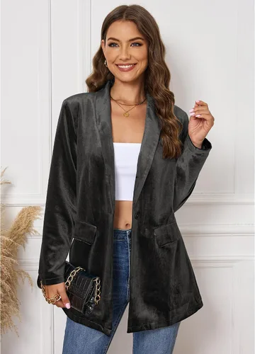 Vista 2 de GRAPENT Chaquetas de terciopelo para mujer, de negocios, casual, de gran tamaño, chaqueta de traje largo elegante, chaqueta de trabajo y oficina