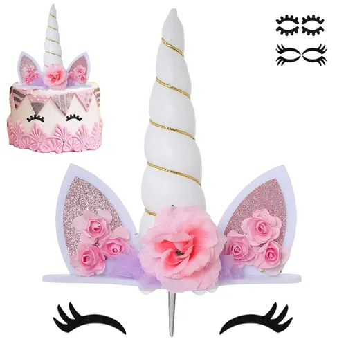 Vista 12 de Decoración de pastel de unicornio para niñas, decoración de cumpleaños de cuerno de unicornio dorado con pestañas, 5.8 pulgadas