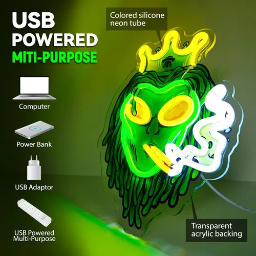 Vista 3 de Letreros de neón de alienígena verde con luces LED, luces de neón LED de alienígena fumador con corona, luces de neón LED de alienígena con corona