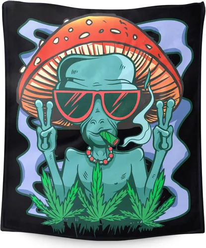 Vista 13 de Manta pequeña de marihuana de marihuana de hongos, 50 x 40 pulgadas, para mujeres y hombres, manta de felpa suave para cama, sofá, manta negra