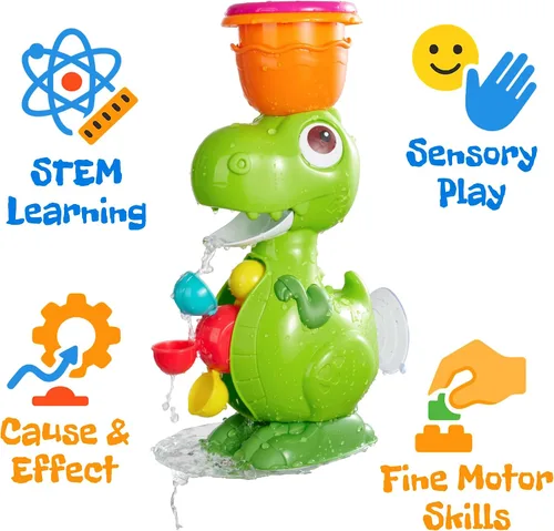 Vista 3 de Juguetes de baño de dinosaurio para niños de 1 a 3 años, juguete de baño para bebés con 4 tazas de agua y ruedas giratorias, divertido juguete