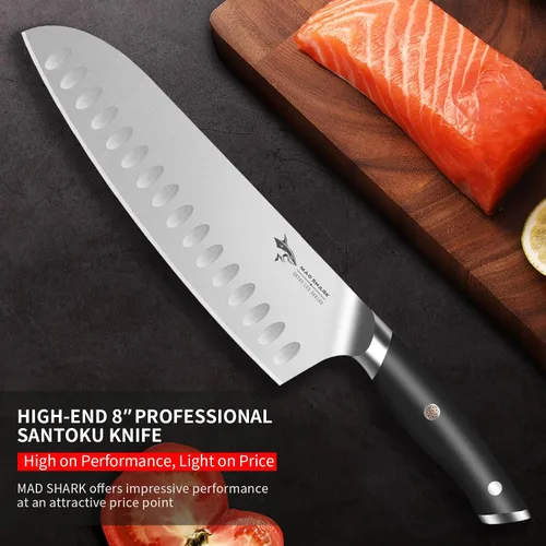 Vista 2 de Mad Shark - Cuchillo de chef profesional Santoku de 8 pulgadas, de acero inoxidable alemán de alto carbono, antiadherente, ultra afilado, con mango