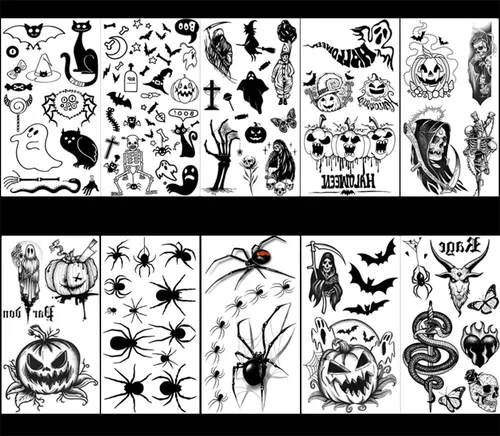 Vista 2 de 10 hojas de tatuajes temporales de Halloween para mujeres y hombres, calavera negra de terror, fantasma, araña, tatuajes falsos 3D, calcomanías