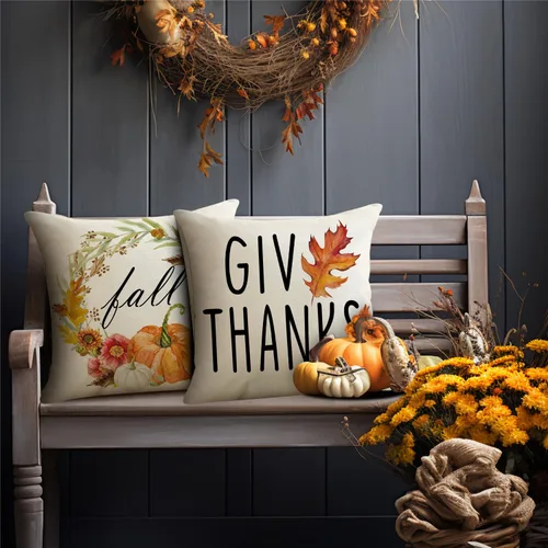 Vista 4 de Juego de 4 fundas de almohada decorativas de otoño de 18 x 18 pulgadas, decoración de granja de Acción de Gracias, Hello Pumpkin al aire libre