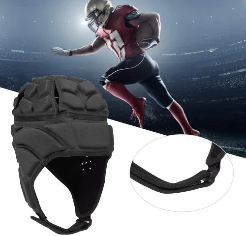 Vista 5 de Casco de rugby ajustable, suave acolchado para fútbol, gorra británica anticolisión con correa para la barbilla, protector de cabeza de fútbol, Negro