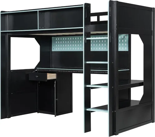 Vista 5 de Harper & Bright Designs Cama loft para juegos con escritorio integrado y luces LED, marco de cama de madera tamaño individual con cajón