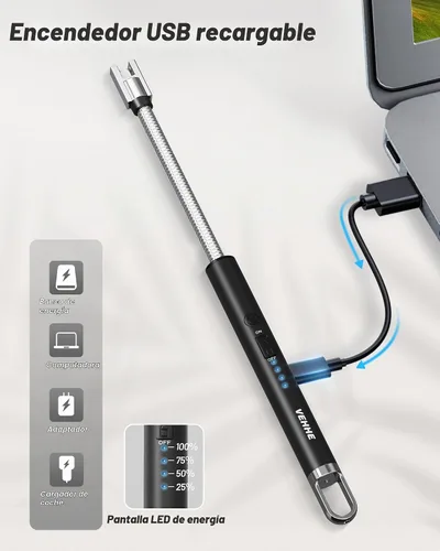 Vista 5 de VEHHE - Encendedor de velas eléctrico, encendedor de arco recargable con batería LED, pantalla de batería, cuello flexible largo, USB, encendedores