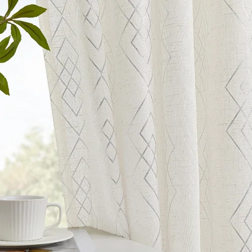 Vista 13 de Cortinas de lino bohemio para dormitorio y sala de estar, cortinas de estilo granja 63 pulgadas de largo, diseño geométrico a rayas con ojales
