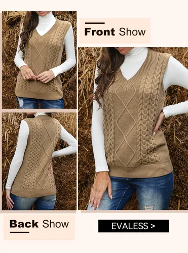 Vista 6 de EVALESS - Chaleco de gran tamaño para mujer, cuello en V, sin mangas, color sólido, suéter suelto