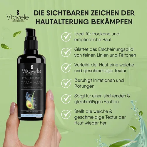 Vista 5 de VITAVELLE Mascarilla hidratante – Mascarilla hidratante de ácido hialurónico reafirmante con aceite de aguacate, manteca de karité, aloe vera