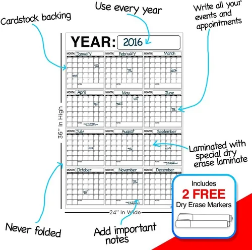 Vista 2 de El mejor planificador y organizador de calendario de pared de borrado en seco de 12 meses, 3 x 4 pies, laminado vertical, borrado en seco o húmedo
