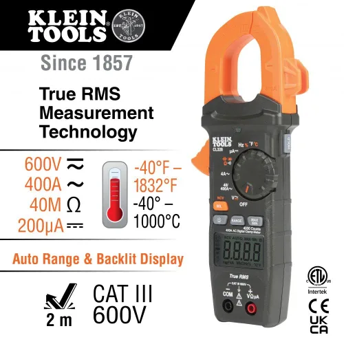 Vista 3 de Klein Tools CL320 - Abrazadera digital, HVAC AC de rango automático de 400 A y RT250 GFCI con pantalla LCD, probador de voltaje eléctrico