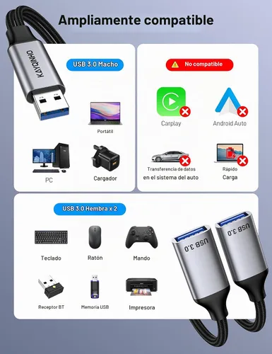 Vista 3 de Divisor USB 3.0 de 1 en 2 salidas, cable USB divisor Y, cable USB macho a 2 hembras para PC, tableta, portátil, MacBook, teclado, PS4, PS5, mouse
