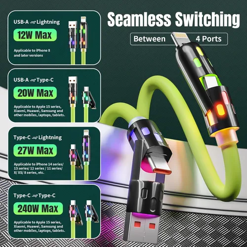 Vista 2 de Cable USB C a Lightning, cable de carga 4 en 1 de 240 W, 5 pies, cable de carga múltiple USB A/C a C/Lightning con luz para iPhone 16/15/14/13