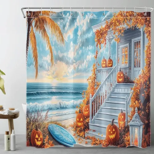Vista 16 de LB Cortina de ducha de feliz Halloween para baño, flamenco rosa y calabaza naranja con sombrero mágico, cortina de ducha de tela con ganchos, juego