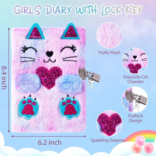 Vista 2 de DHQH Diario de Gato con Candado Regalo para Niña de 6, 7, 8, 9, 10, 11, 12 Años, Diario Secreto Cuaderno para Niños Set de Regalo de Navidad