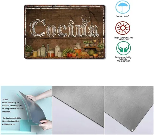 Vista 7 de Cartel de pared de metal vintage vintage español "Cocina" cartel divertido de aluminio 8 x 12 pulgadas para baño, dormitorio, sala de estar