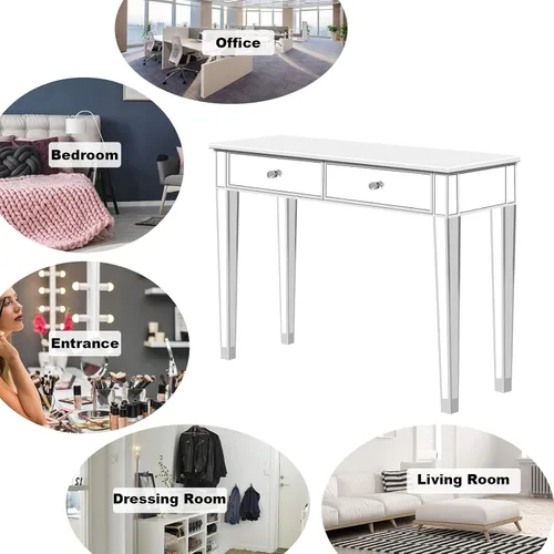 Vista 5 de SSLine Mesa de tocador de maquillaje con espejo, mesa auxiliar moderna para sofá, mesa auxiliar con espejo, mesa de tocador con 2 cajones, mesa
