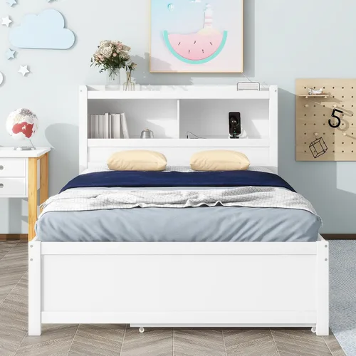 Vista 4 de VilroCaz Cama de plataforma multifunción de tamaño matrimonial con nido y cajones, plataforma de madera con cabecera de almacenamiento y enchufes