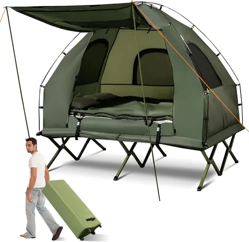 Vista 10 de GYMAX Tienda de campaña con cuna, plegable de 5 en 1 con colchón y almohadas, sacos de dormir, parasol, tienda de campaña elevada para camping