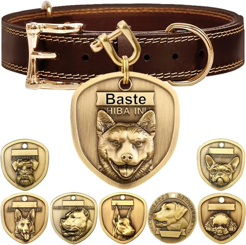 Vista 17 de Collar de cuero auténtico para perro + Juego de etiqueta para perro bulldog con relieve 3D (XS-S)