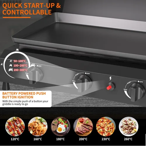 Vista 5 de SKOK Parrilla de gas de 3 quemadores con campana, parrilla de propano para exteriores de 25.6 pulgadas, parrilla de gas portátil con parte superior