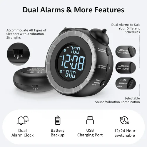 Vista 6 de uscce Reloj despertador fuerte dual con agitador de cama - Atenuador 0-100%, reloj despertador vibratorio para personas que duermen pesadas