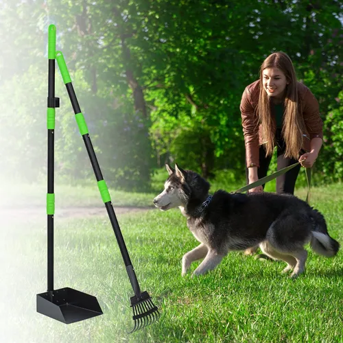 Vista 7 de Niubya Recogedor de excrementos para perros, bandeja de metal para recoger excrementos y rastrillo con mango largo ajustable, recogedor de Negro