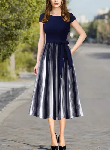 Vista 6 de VFSHOW Elegante vestido midi acampanado con bolsillos de retazos y cinturón, plisado, para trabajo, oficina, negocios, fiesta, acampanado, para mujer