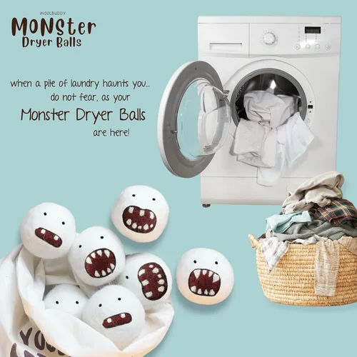 Vista 4 de Woolbuddy Monster Dryer Balls (paquete de 6) - Lindos personajes de lana hechos a mano, suavizante de tela natural, regalo ecológico para familias
