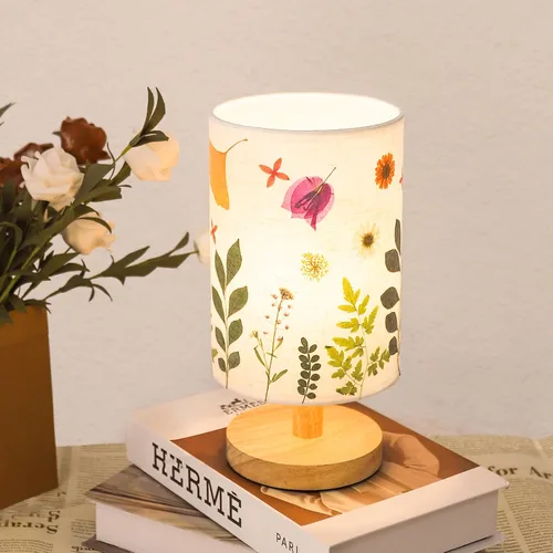 Vista 8 de Lámpara de mesa con flores prensadas, 5 W, LED, 3 temperaturas, flores secas, lámpara de noche, pantalla de lino con base de madera