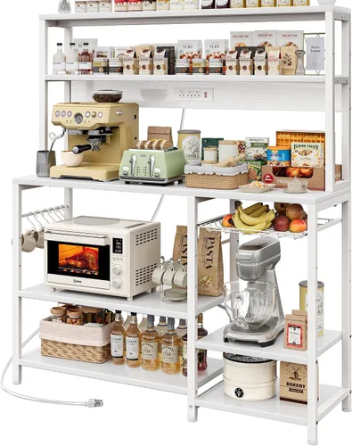 Vista 15 de SUPERJARE Estante de panadería con toma de corriente, barra de café de 35.4 pulgadas con canasta de alambre, soporte para microondas de cocina con 6