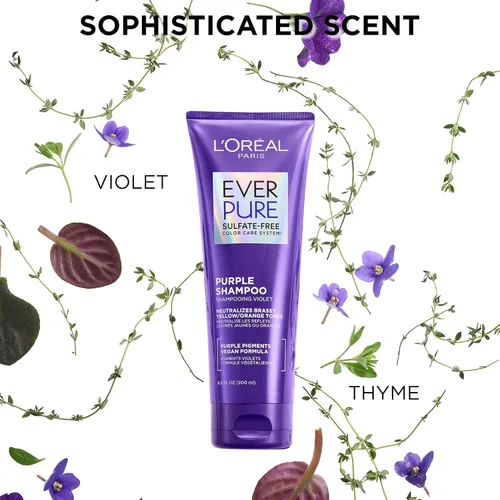 Vista 5 de L'Oreal Paris Champú Morado Tonificante Anticobrizo Sin Sulfato para Cabello Rubio, Decolorado, Plateado o con Mechas Marrones, EverPure, 6.8 Fl Oz