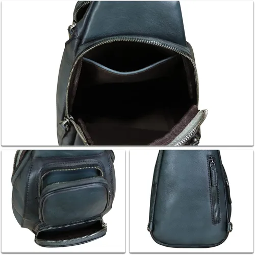 Vista 7 de Bolso de cuero genuino para hombres y mujeres, mochila bandolera de cuero real, bolso cruzado de moda, Grisoscuro
