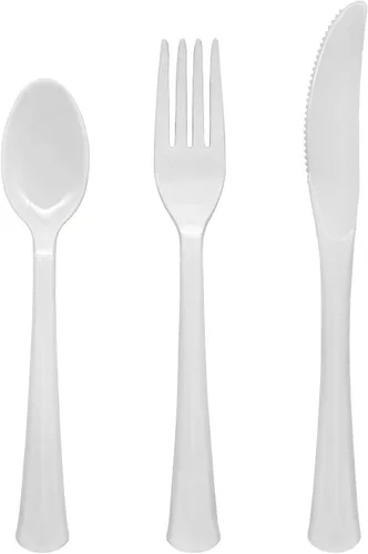 Vista 6 de Party Essentials - Paquete combinado de cubiertos de plástico extra resistentes, tamaño completo, cuchillos/tenedores/cucharas, negro, juego para 8