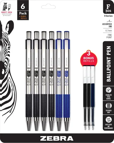 Vista 15 de Zebra Pen F-301 Bolígrafo retráctil de acero inoxidable de 0.7 mm, 4 unidades, tinta de fácil deslizamiento, clip de metal, recargable con F-Refill