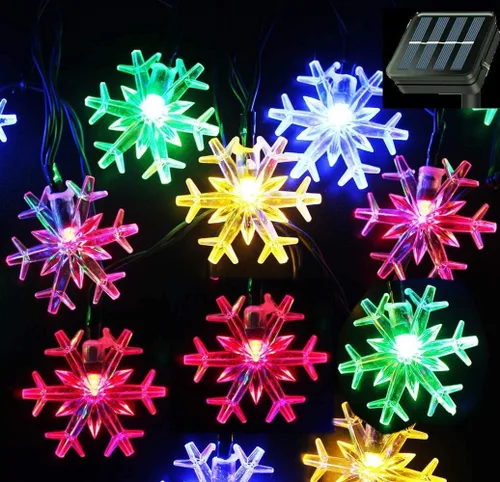 Vista 9 de Luces solares de Navidad para exteriores, impermeables, decoraciones de 20 pies, 30 luces LED de copo de nieve con 8 modos de iluminación
