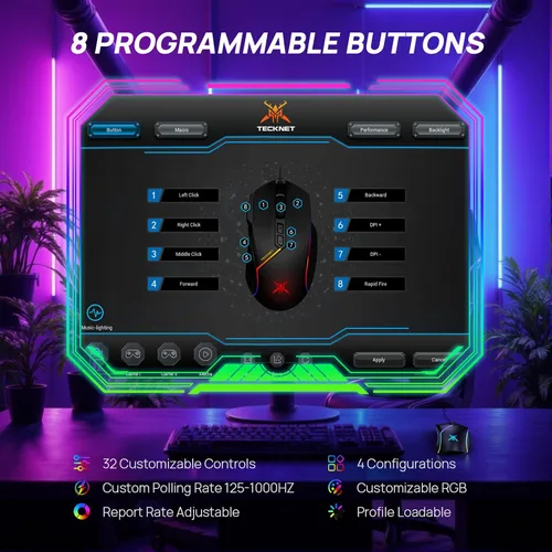 Vista 3 de TECKNET Ratón para juegos con cable, 12,800 DPI con sensor óptico, 8 botones programables, 13 modos retroiluminados RGB, diseño ergonómico, ratones