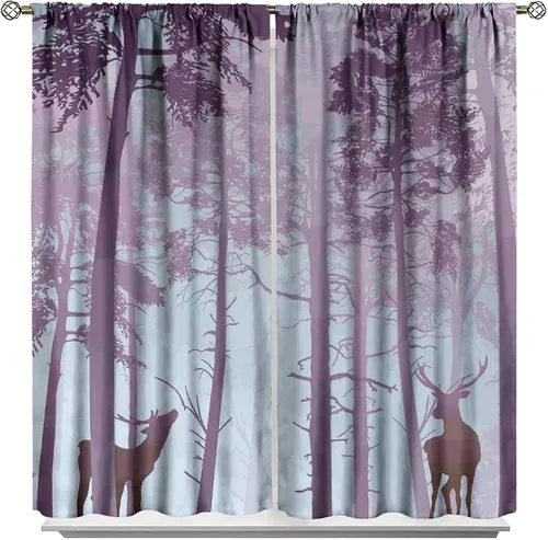 Vista 46 de Cortinas opacas con diseño de ciervos, bosque brumoso, rústico, vida silvestre, alce, montaña, pájaros, pino, bosque, cortinas de ventana